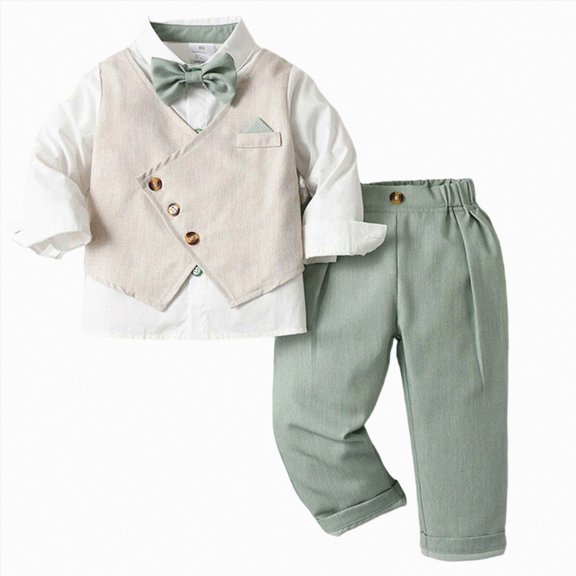 enyan Baby Toddler Boys Gentleman Suit Set, 3pcs Outfits Shirts Vest Pants(Light Green,6-7 Years)