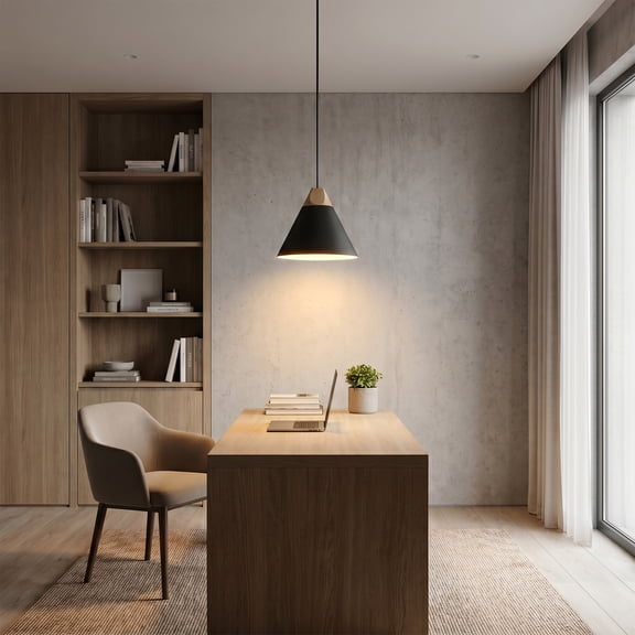 Modern Black Metal and Wood Cone Pendant Light 9.8 in Shade Hanging Ceiling Light Fixture for Kitchen Island and Dining Room Max 66.9 in Cord-1 Pack