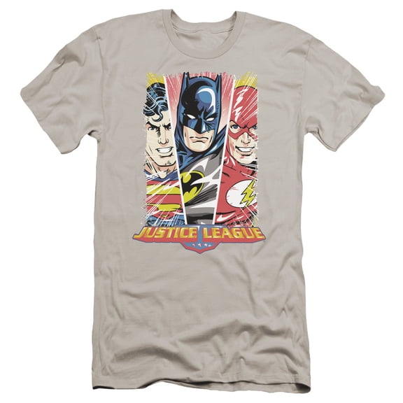 JLA Justice League Hero Triptych Premium Canvas Adult Slim Fit 30/1 T-Shirt Silver
