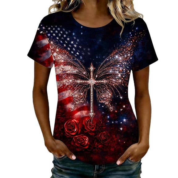 FASHOFT 4th of July Shirts for Women American Tee USA Red White Blue Top Patriotic Crew Neck T Shirt Red L