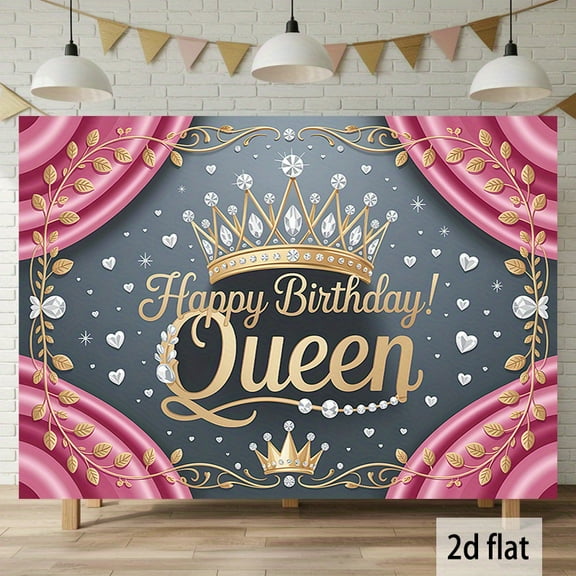 Happy Birthday Queen Backdrop Elegant Pink Curtain Birthday Photography Background Golden Crown Leaves Glitter Diamond Birthday Party Decorations Banner Supplies Photo Booth Props