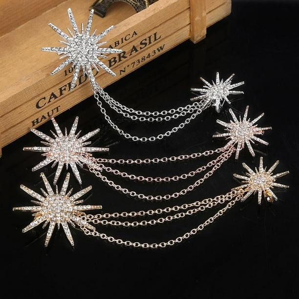 Women Metal Crystal Snowflake Brooch Chain Collar Pin - Sliver Black 