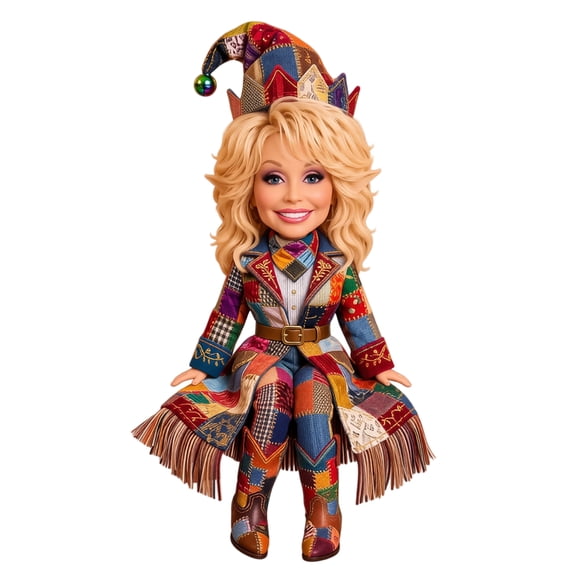 Dolly Resin Figurine Christmas Tabletop Decor, Coat of Many Colors Patchwork Elf Doll Design, 3D Resin Statue for Christmas Home Holiday Decor Gift