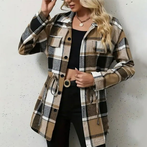 Zedker Fashion Plaid Patterns Casual Lapel Collar Long Sleeve Womens Fleece Jackets with Fake Pocket, Comfy Waist Drawstring Button Outerwears,Brown,L