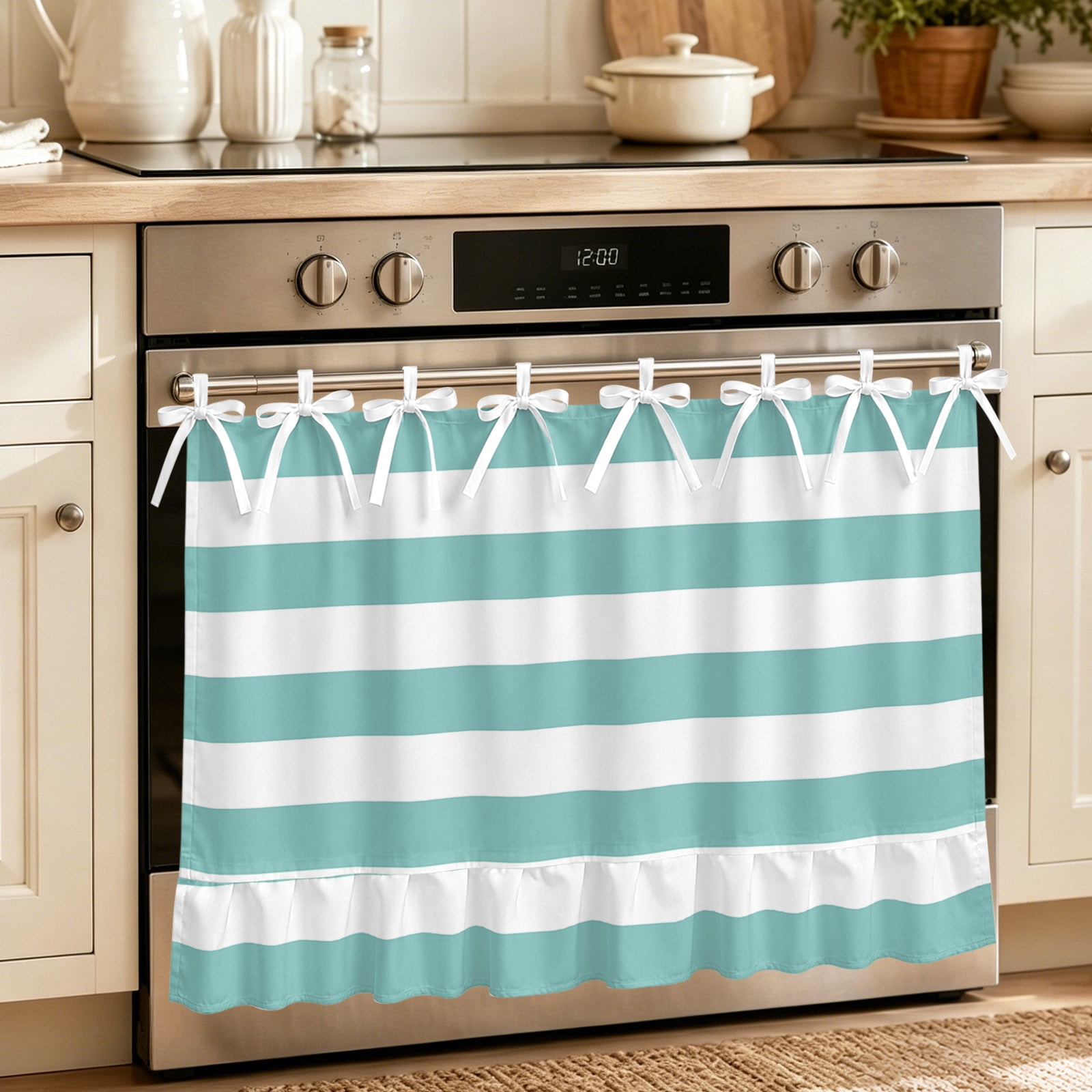 Oven Curtain for Kitchen Teal White Striped Stove Curtain With Ruffled Trim Dishwasher Curtains Simplistic Vertical Art Oven Skirt 27 x20