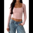 thumbnail image 3 of Top Corto de Larga para Mujer, Cuello Cuadrado, para Salir, Top de Punto Acanalado con Lazo y Encaje de Patchwork. Rosa M, 3 of 7
