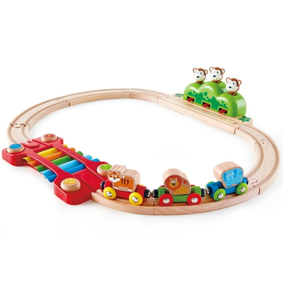 Hape: Music & Monkeys Railway - 19 pc Wooden Train Set, Jungle-Themed Musical Toy, Xylophone Melody Track, Brightly Colored, Toddlers & Kids 18 Mo 