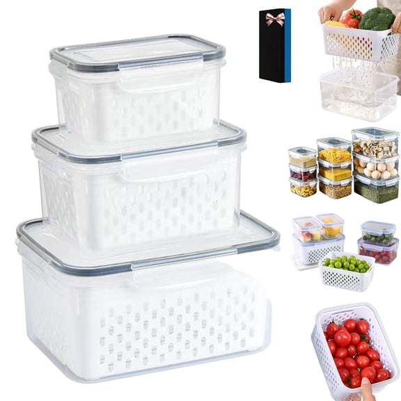 Household Transparent Plastic Food Storage Box-Including Drain Basket, Pack of 3 Drain Storage Basket, 4 In 1 Multipurpose Containers With Removable Colander, For Various Fruits and Vegetables (Gray)