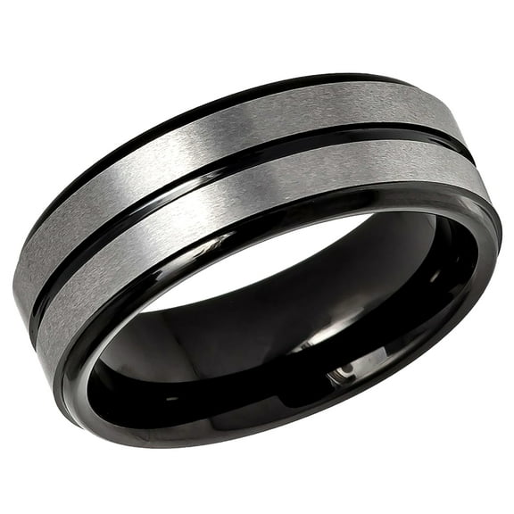 Free Engraving Personalized Custom Engraving Men's Women's Tungsten Wedding Band 8mm Two-tone Black IP Plated Center Grooved Brushed Finish Stepped EdgeSZ: 11