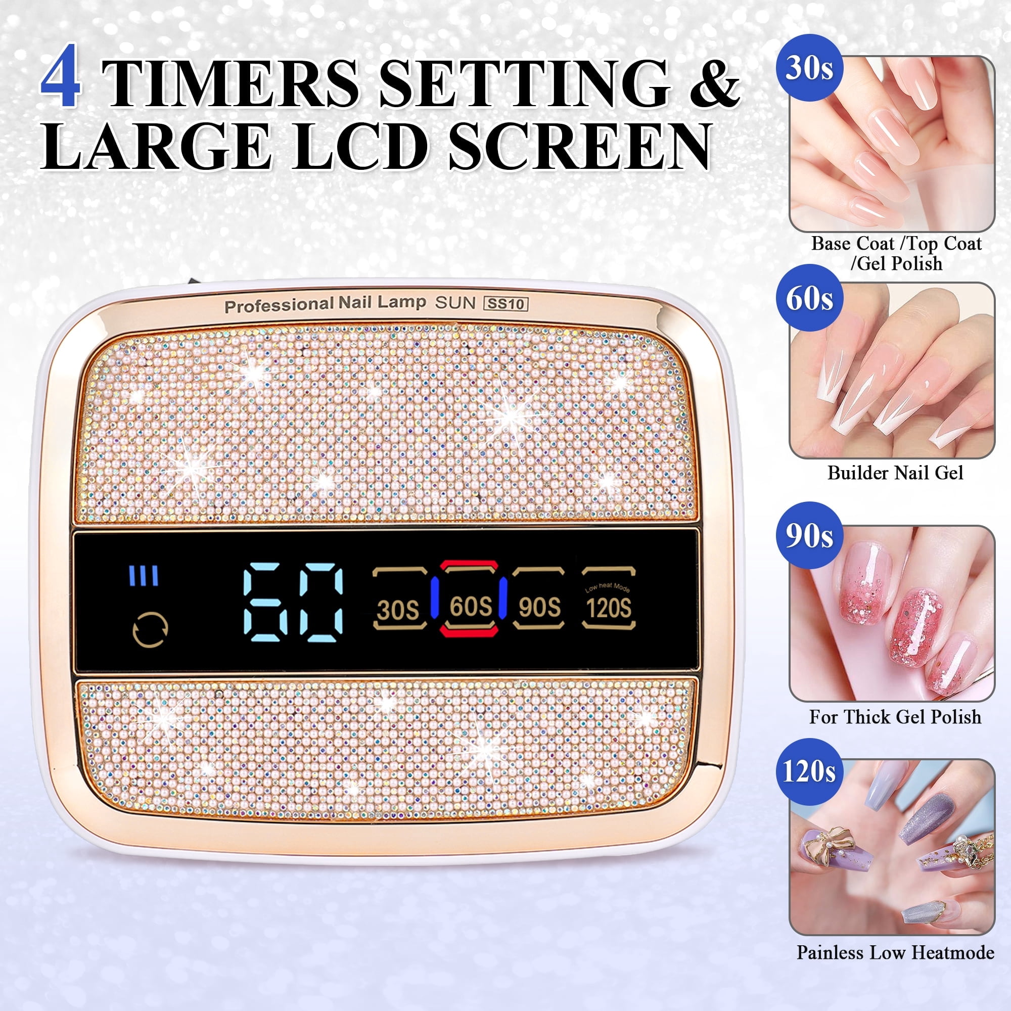 TJT UV LED Nail Lamp, 168W Rechargeable Cordless Nail Lamp for gel polish, Professional 4 Timer Modes and LCD Display with Crystal Diamonds，White
