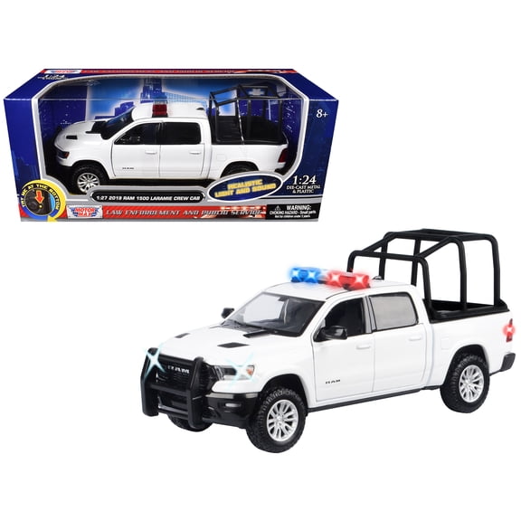 2019 RAM 1500 Laramie Crew Cab Pickup Truck with Bed Cage White with Lights and Sounds 1/27 Diecast Model Car by Motormax