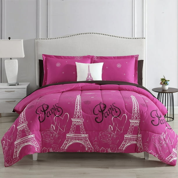 Queen Paris Comforter Pink Black White, Pink Queen Size Bed Set