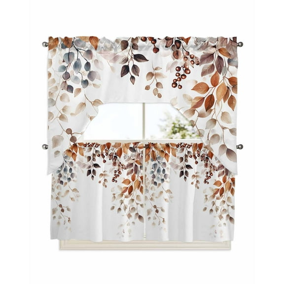 Eucalyptus Leaves Kitchen Curtain and Valance Set 3 Pieces, Rod Pocket Short Tier Curtains 24 Inch Length, Orange Blue Botanical Vintage Swag Topper Small Window Treatment for Cafe Bathroom Bedroom