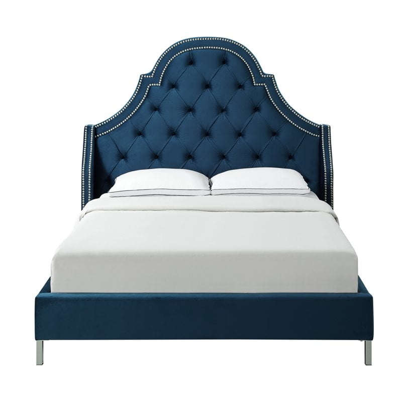 Aaron Blue Velvet Platform Bed Frame - Queen Size - Tufted - Nailhead