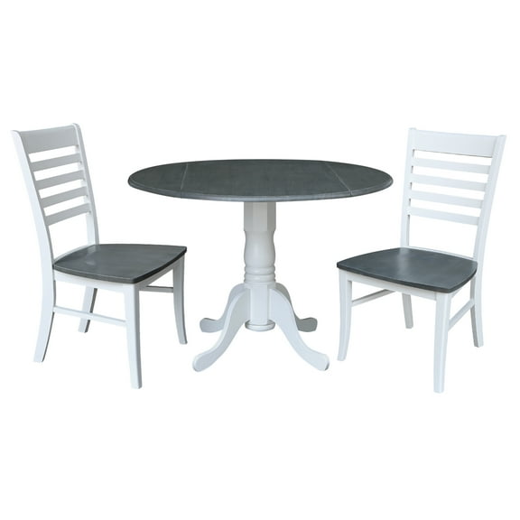 International Concepts Solid Wood 3-Piece Dining Set with 42 in. Dual Drop Leaf Dining Table and 2 Ladder Back Chairs in White/Heather Gray