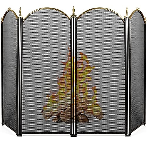Amagabeli Large Gold Fireplace Screen 4 Panel Ornate Wrought Iron Black Metal Fire Place Standing Gate Decorative Mesh Solid Steel Spark Guard Cover O