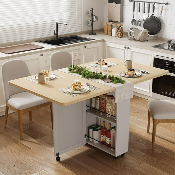 Acekid Folding Kitchen Table with 6 Wheels, Folding Dining Table with Drawer and Storage, Suitable for Small Spaces and Kitchens