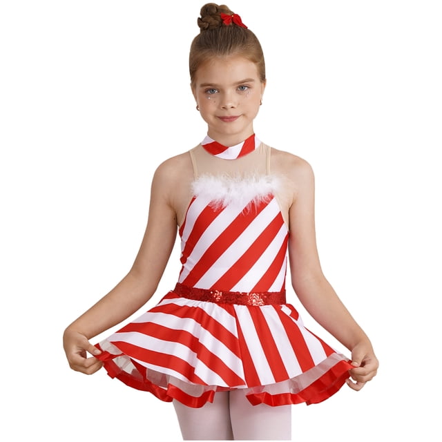 Kaerm Robe de Noël Rayée pour Filles, Costume de Patinage Artistique, Justaucorps de Danse une Pièce pour Fête de Performance Rouge 8