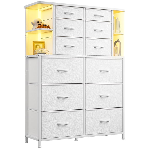 Romorgniz Tall Dressers for Bedroom with 12 Fabric Drawers and Open Shelves White Dressers & Chests of Drawers with LED Lights, Metal Frame