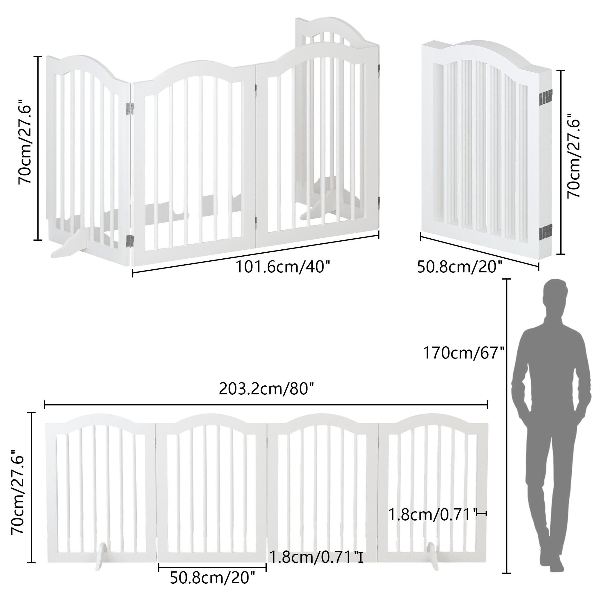 Yoneston 27.6" Height Pet Gate Folding 4 Panels for Doorways,Height Tall Freestanding Pet Dog Gate,2 pcs Support Feet Ideal for Stairs,White