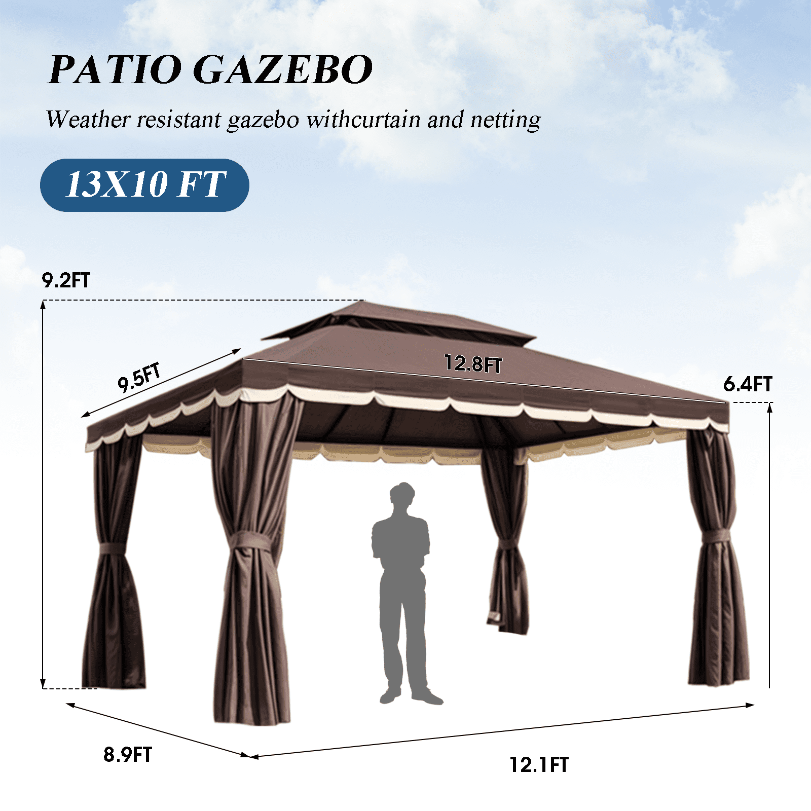 Grezone 10×13 FT Deluxe No Screws Gazebo,Double Roof Outdoor Shelter Tent with Mosquito Nettings and Privacy Screens