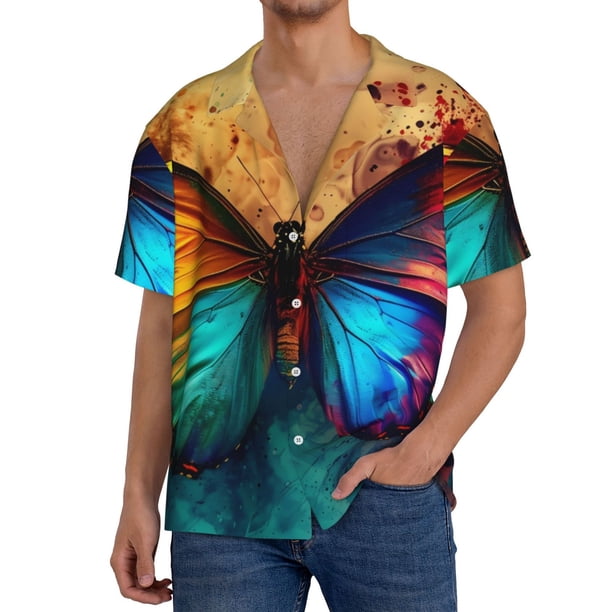 Fotbe Vibrant Rainbow Butterfly A Camisa Estampada de Manga Corta para Hombre, Casual de Verano, Estilo Playero, Sin Arrugas-Medium