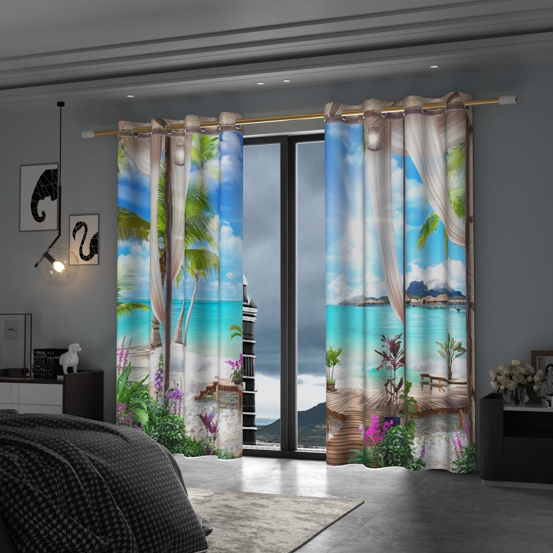 Sunlight Beach Blackout Curtains, Room Darkening Grommet Curtains, White Window View, 52"x63", 2 Panel