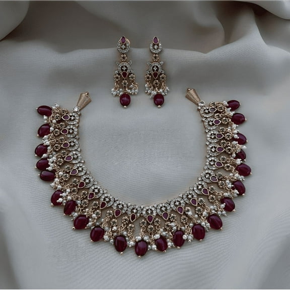 Ruby CZ Diamond Gold Plated Necklace, American Diamond Crystals Jewelry, South Indian Wedding Temple Choker Set