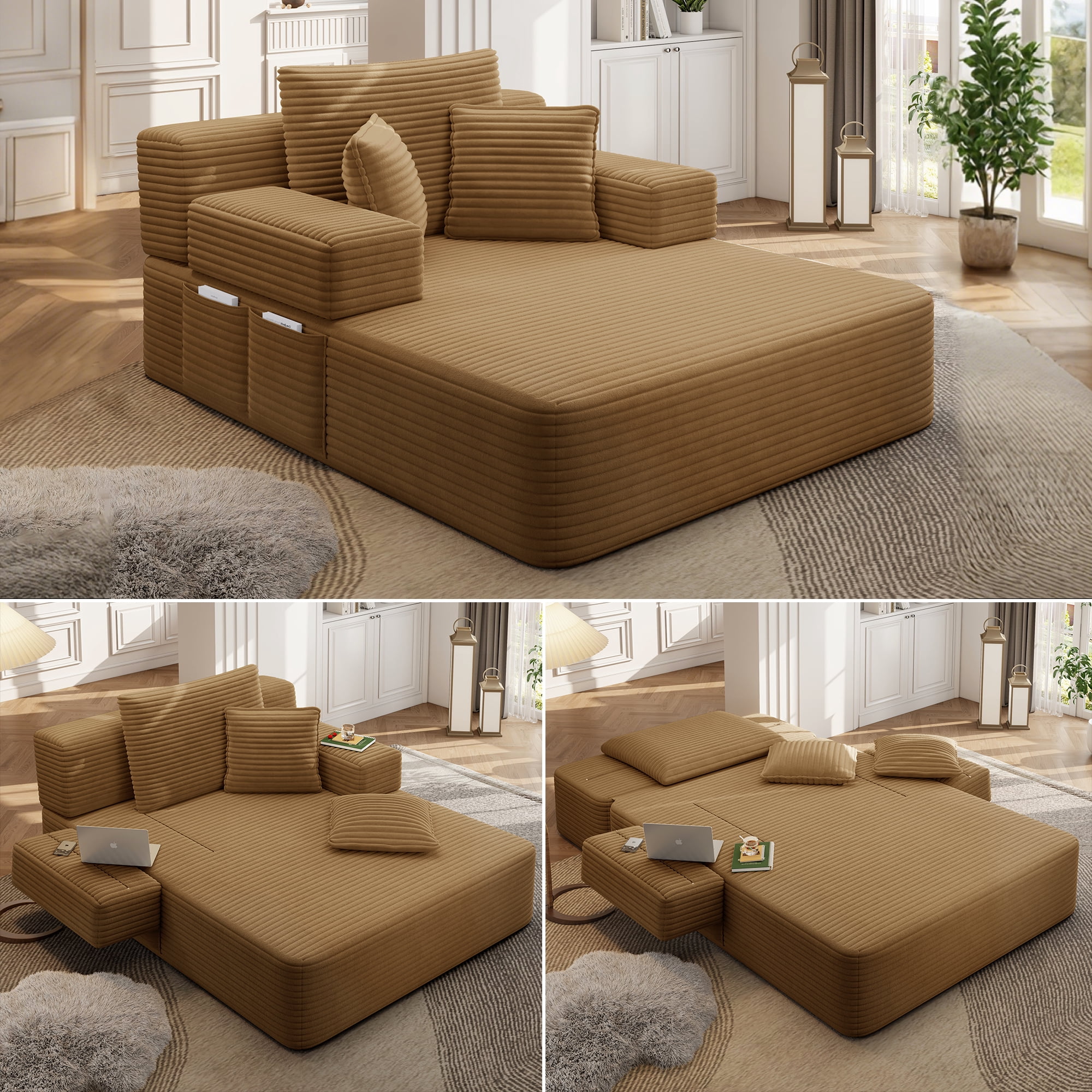 Anpport 60.2" Plush Corduroy Chaise Lounge, Frameless Convertible Sleeper Sofa Bed with Storage Pockets, 3 Soft Pillows, No Assembly, Camel