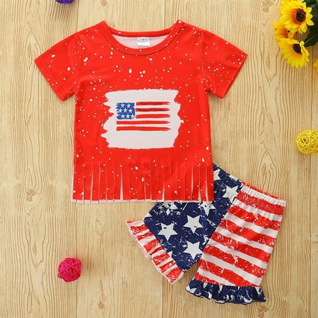

Wiueurtly Toddler Kids Baby Girls 4th Of July Summer Short Sleeve Independence Day Tassels T Shirt Tops American Flag Ruffle Shorts Outfits Set School Girl Outfit Lingerie Set