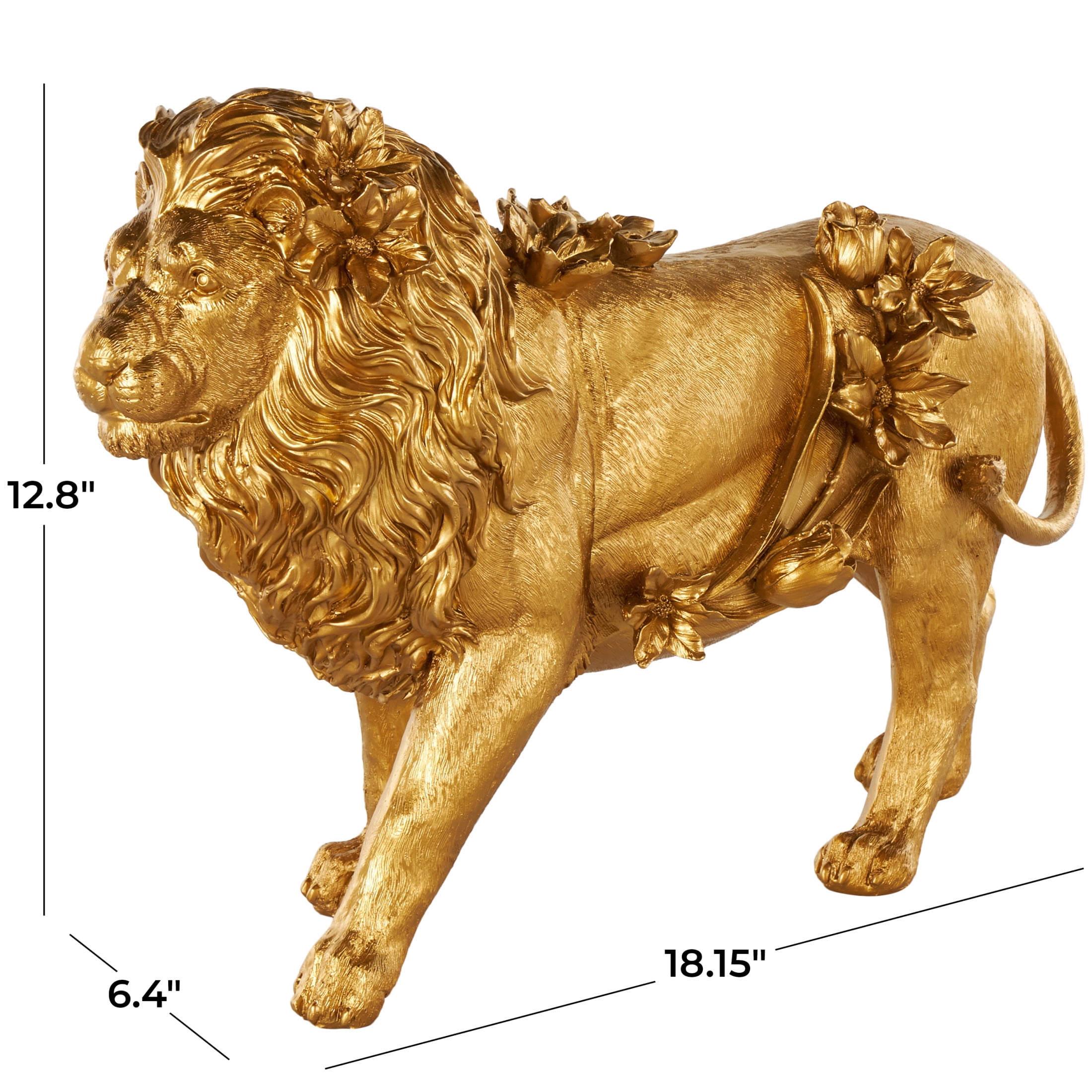 18" x 13" Gold Resin Walking Lion Sculpture with Floral Accents, by DecMode