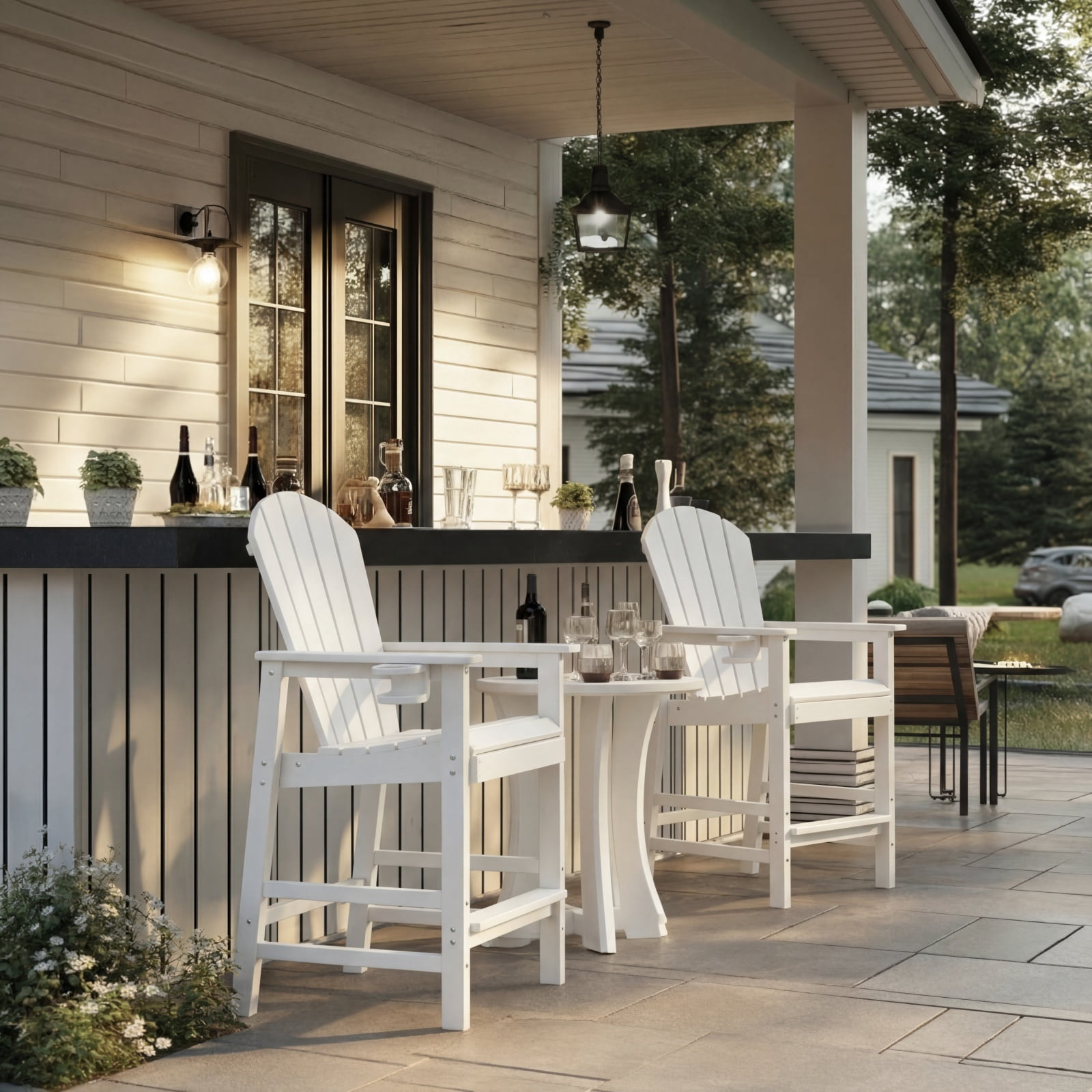 Bar Height Adirondack Chair with Cup Holder, Outdoor Patio HDPE Bar Chair with Armrests, Ergonomic High Back Chair for Deck, Porch, Backyard