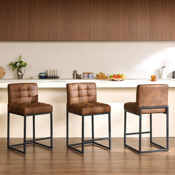 GrandNoor Modern Counter Height Bar Stools Set of 3,25 inch Checkered Wiring Thick Upholstered Barstools with Back Sturdy Metal Legs, Coffee Faux Leather Counter Stools for Kitchen Island