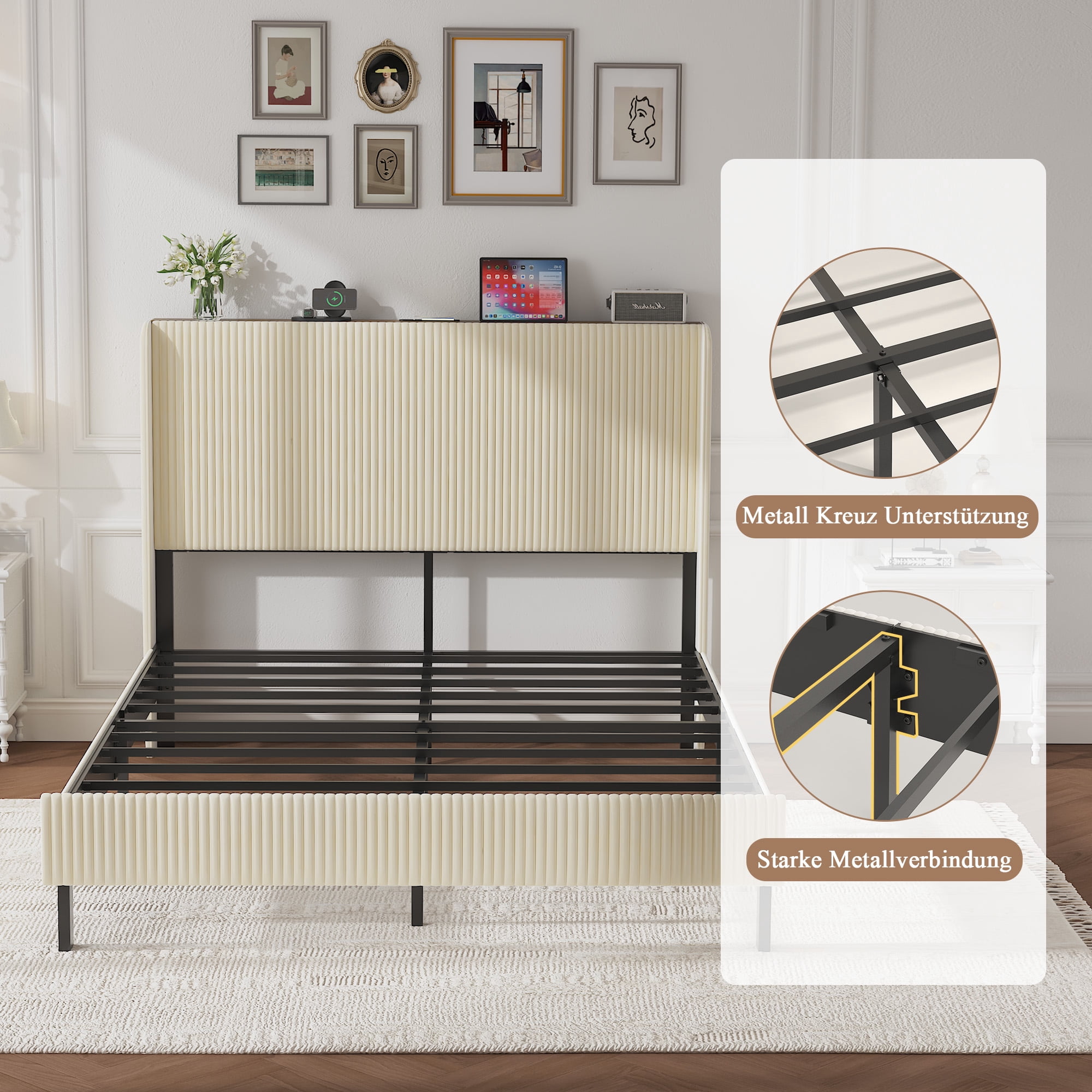 Modern Classic Queen Size Bed Frame with Charging Station,Sturdy Metal Construction,Noise-Free Design,Easy Assembly,No Box Spring Needed for Bedroom,Dorm,Apartment House,Beige