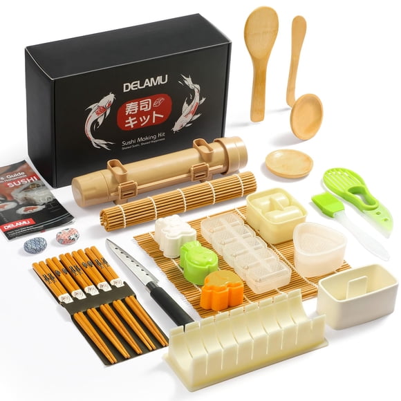 Kit para hacer sushi Delamu 27 en 1 con tapetes de bambú y cuchillo para sushi