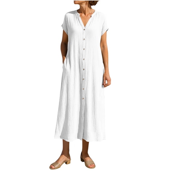 Womens Cotton Linen Dress V-Neck Spring Maxi Dresses Short Sleeve Dress 2026 Spring Summer Beach Dresses Vacation Outfits 2026