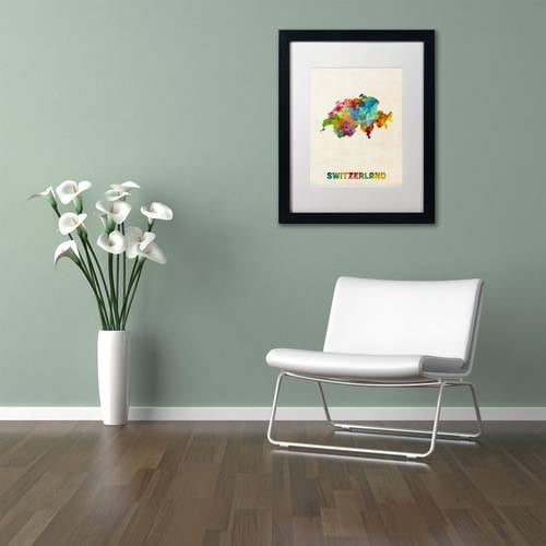 Trademark Fine Art 'Switzerland Watercolor Map' Canvas Art by Michael Tompsett, White Matte, Black Frame