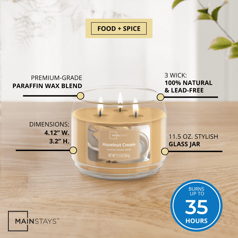 Mainstays Hazelnut Cream Scented 3-Wick Glass Jar Candle, 11.5oz
