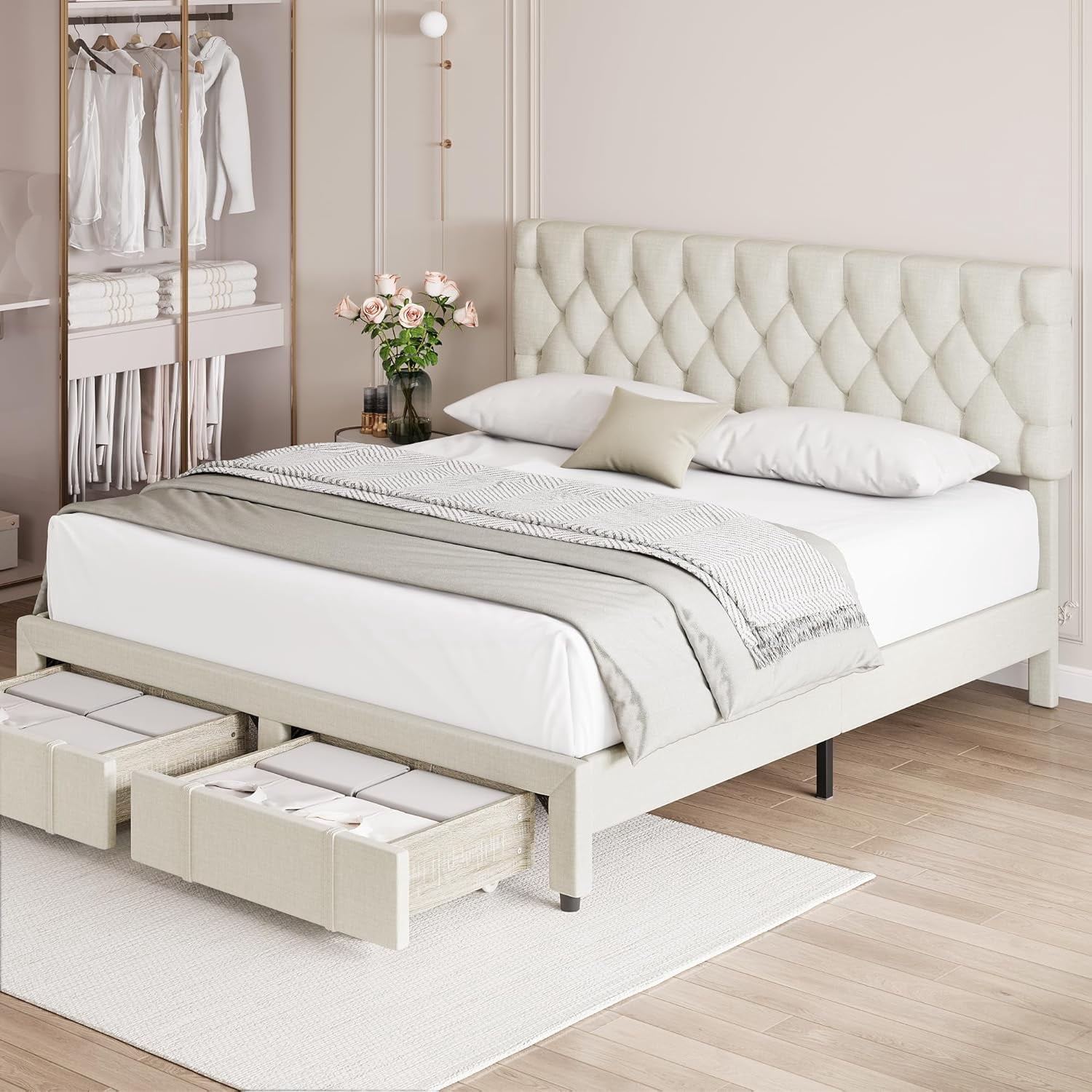 EastVita Queen Size Upholstered Platform Bed Frame with Storage Drawers, Solid Wooden Slats Mattress Foundation, No Box Spring Needed