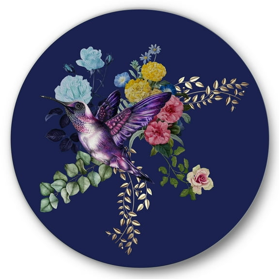 Designart 'Little Bird Sitting On Colourful Bouquet Of Wildflowers I' Traditional Circle Metal Wall Art 36x36 - Disc of 36