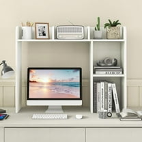 Desktop Bookshelf, 3-Tier Desk Hutch Shelf with 5 Display Rack for Computer Desk, Desk Organizer Shelves for Top of Desk, Dorm, Home, Office (White)