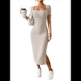 thumbnail image 2 of Vestido de Verano 2025 para Mujer, Ajustado, de Corta, Acanalado, con Abertura Lateral, de Punto y Cuello Cuadrado Caqui L, 2 of 8