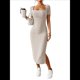thumbnail image 2 of Vestido de Verano 2025 para Mujer, Ajustado, de Corta, Acanalado, con Abertura Lateral, de Punto y Cuello Cuadrado Caqui L, 2 of 8