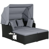 Gymax Rattan Daybed Lounge w/ Retractable Top Canopy Side Tables Cushions Gray