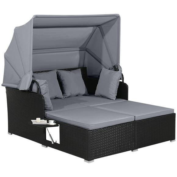 Gymax Rattan Daybed Lounge with Retractable Canopy, Gray