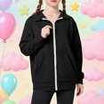 thumbnail image 2 of Ecqkame Girls Hoodless Sweatshirts Jackets Kids Soft Zip Up Turndown Collar Tops Casual Long Sleeve Solid Color Sweatshirt with Pockets 5-15 Years Black 150, 2 of 6