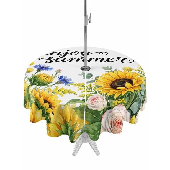 Outdoor Tablecloth with Umbrella Hole for Patio/Picnic/Party/Camping, Summer Sunflowers Waterproof Table Cloth Round Cover Washable, Pastoral Garden Botanical Florals (Dia 54")