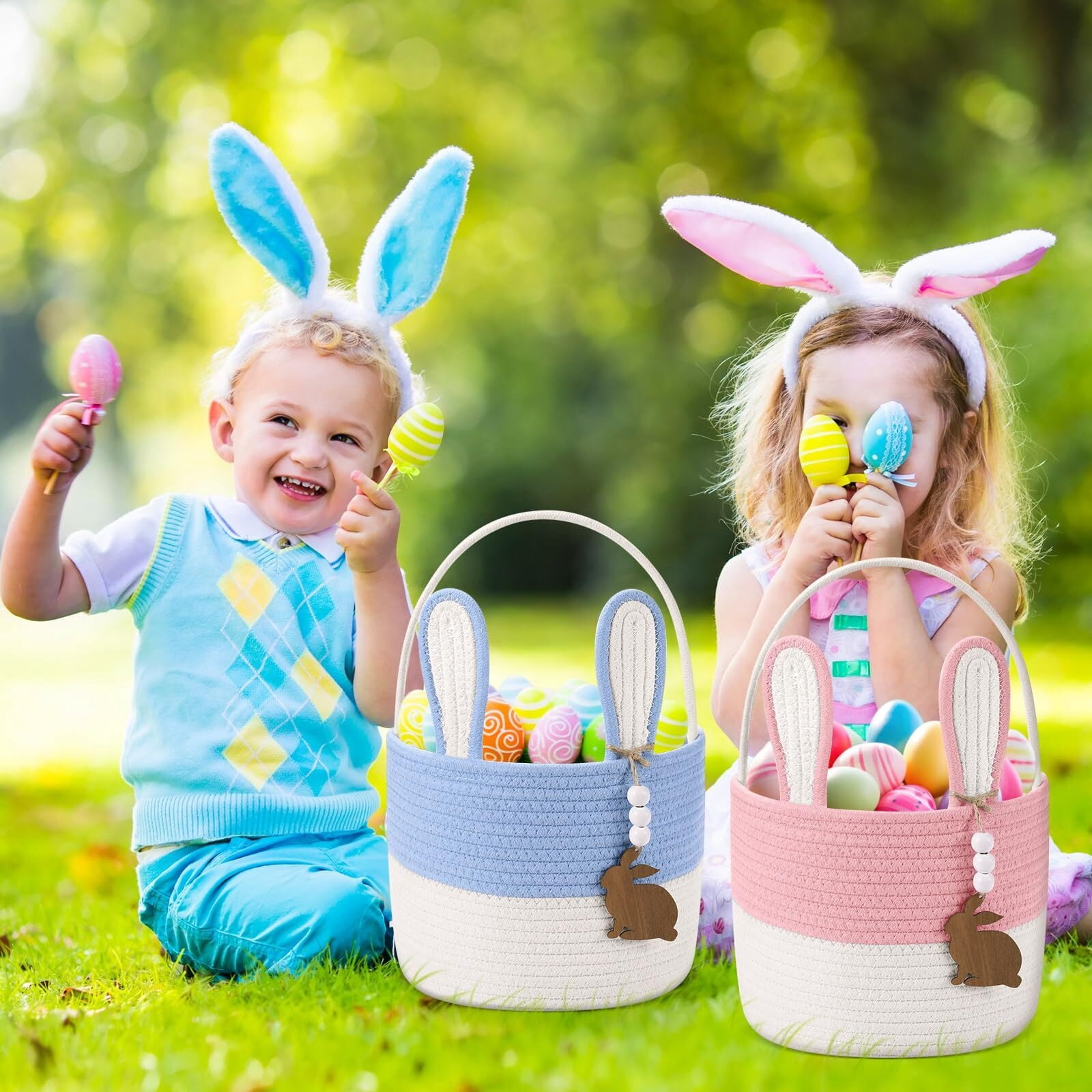 Easter Bunny Basket for Kids, Set of 2 Rabbit Ear Easter Basket with Rabbit Wood Bead Tags, Egg Hunt Bucket for Girls Boys(Yellow White)