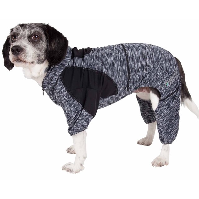 Pet Life Active 'Downward Dog' Heathered Performance Sudadera con capucha de calentamiento de cuerpo completo en dos tonos, elástica en 4 direcciones