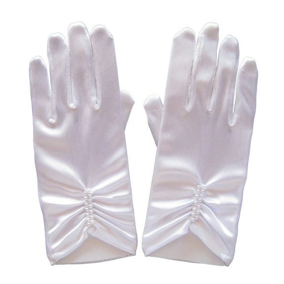 SeasonsTrading Wrist Length White Satin Gloves with Pearls